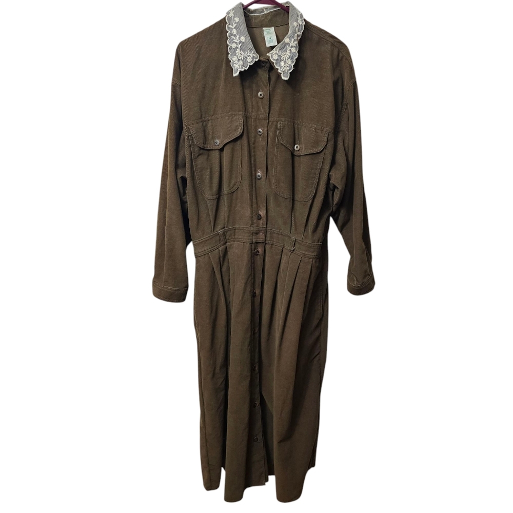 Vintage St.Michael Brown Corduroy Dress with Lace Collar Size 18